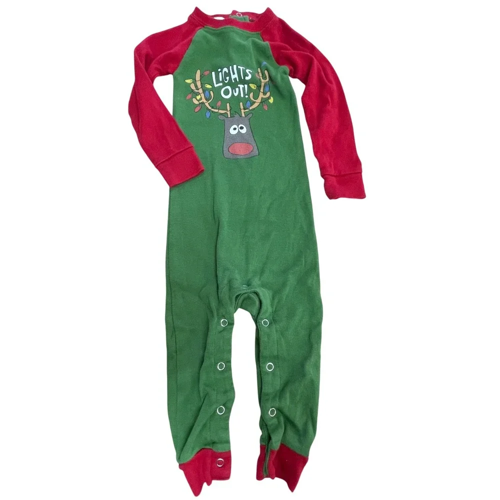 Lazy One Kids Union Suit Pajamas 12M Christmas Reindeer Lights Out Green Red